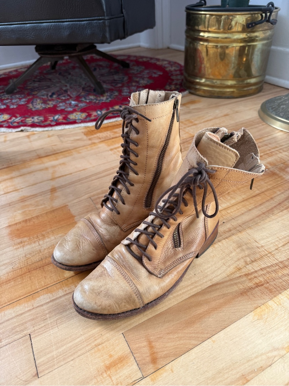 BED|STU Tan Lace-Up Leather Boots with Side Zippers